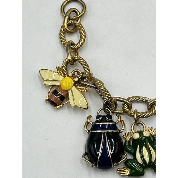 J. Crew Gold Tone Charm Bracelet Enamel Bee Beetle Frog Turtle Animal Charms - Picture 3 of 9